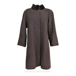 Albert Nipon Wool Coat 14 Brown Faux Fur Overcoat 90s Classic Long Button Winter